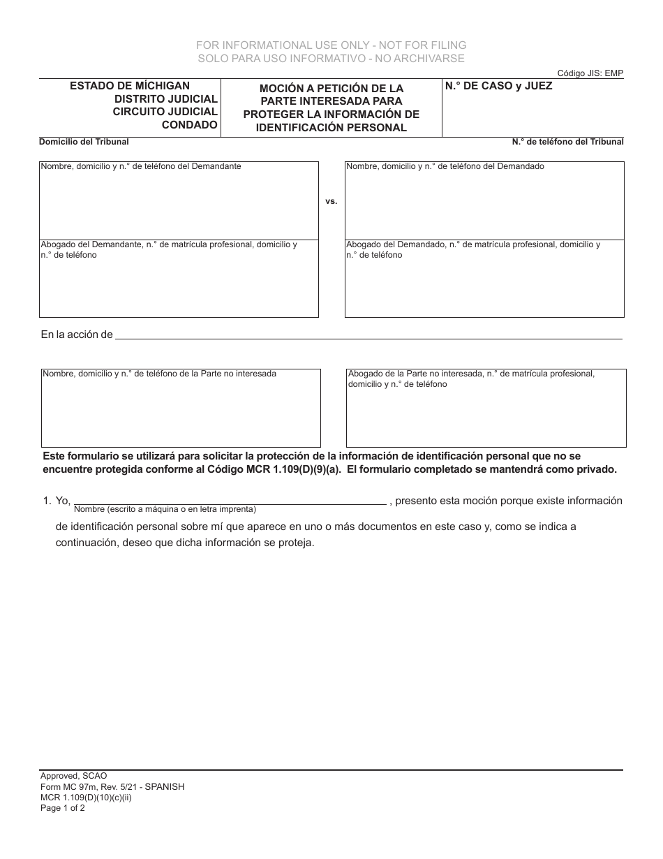 Formulario MC97M Mocion a Peticion De La Parte Interesada Para Proteger La Informacion De Identificacion Personal - Michigan (Spanish), Page 1