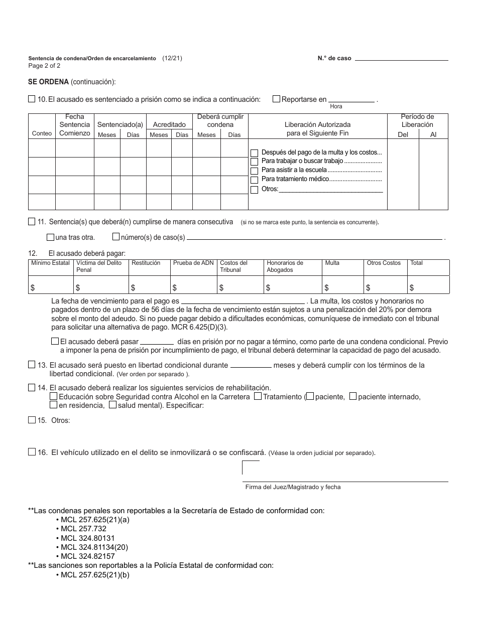 Formulario MC219 Sentencia De Privacion / De La Libertad - Michigan (Spanish), Page 2