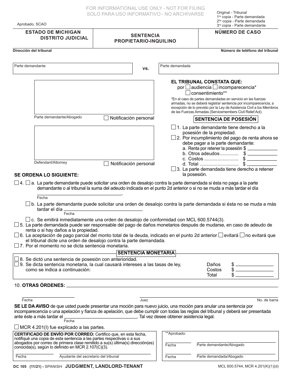 Formulario DC105 Sentencia Propietario-Inquilino - Michigan (Spanish), Page 1