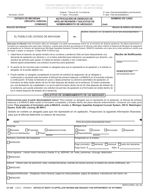Formulario CC265 Notificacion De Derecho De Apelar Revision Y Solicitud De Nombramiento De Abogado - Michigan (Spanish)