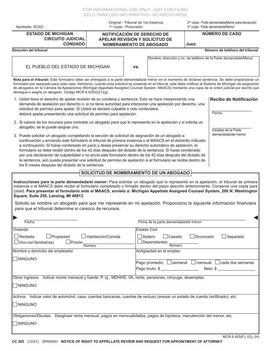 Formulario CC265 Notificacion De Derecho De Apelar Revision Y Solicitud De Nombramiento De Abogado - Michigan (Spanish), Page 1