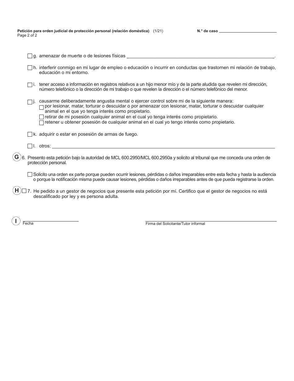 Formulario CC375 Peticion De Orden De Proteccion Personal (Relacion Domestica) - Michigan (Spanish), Page 2
