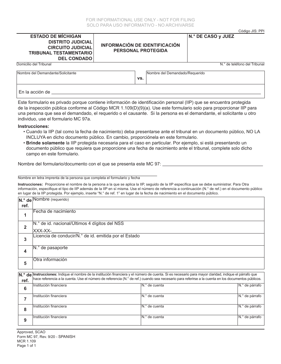 Formulario MC97 Informacion De Identificacion Personal Protegida - Michigan (Spanish), Page 1