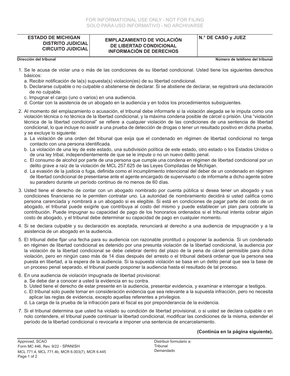 Formulario MC446 Emplazamiento De Violacion De Libertad Condicional Informacion De Derechos - Michigan (Spanish), Page 1