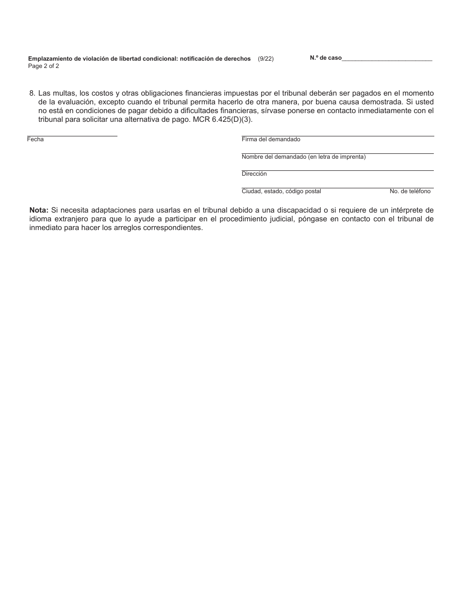Formulario MC446 Emplazamiento De Violacion De Libertad Condicional Informacion De Derechos - Michigan (Spanish), Page 2