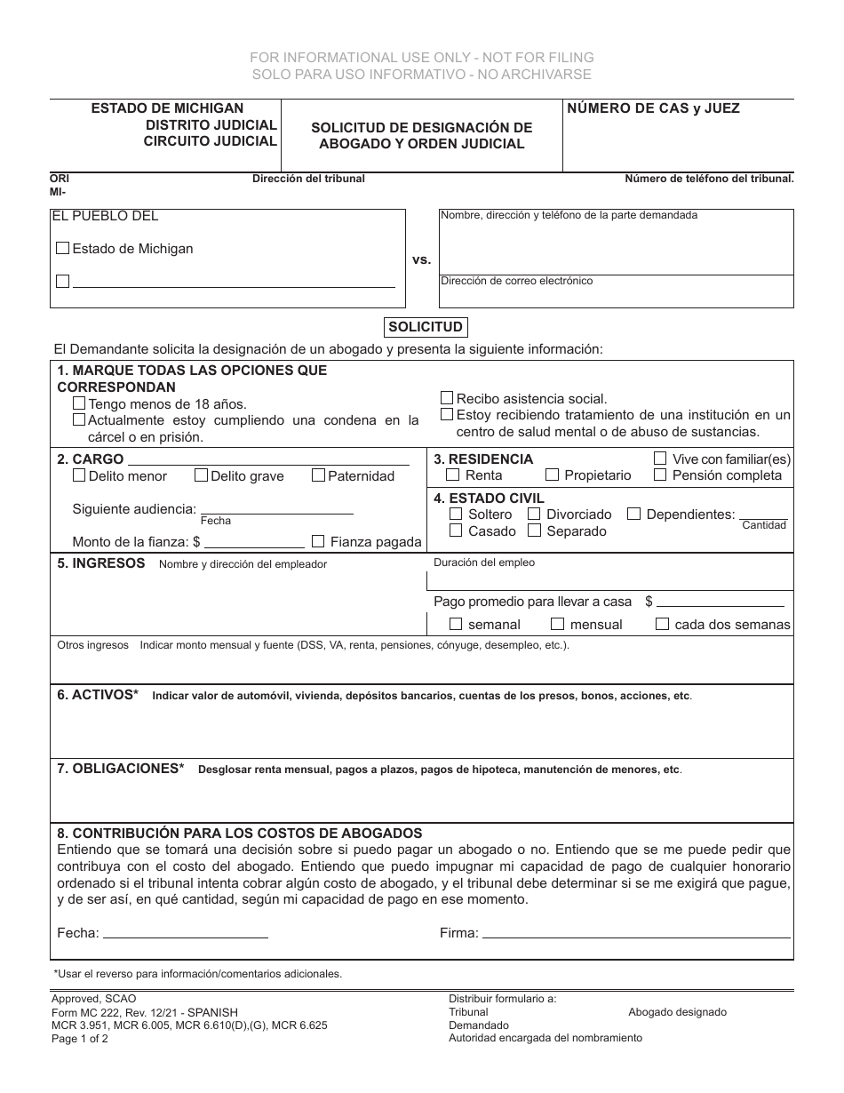 Formulario MC222 Solicitud De Designacion De Abogado Y Orden Judicia - Michigan (Spanish), Page 1