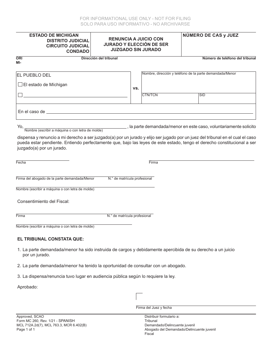 Formulario MC260 Renuncia a Juicio Con Jurado Y Eleccion De Ser Juzgado Sin Jurado - Michigan (Spanish), Page 1