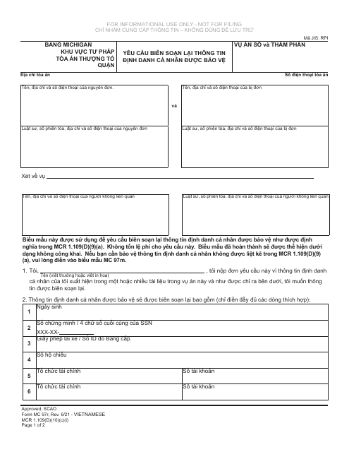 Form MC97R Request for Redaction of Protected Personal Identifying Information - Michigan (Vietnamese)