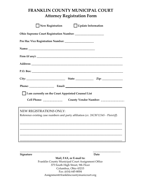 Attorney Registration Form - Franklin County, Ohio Download Pdf
