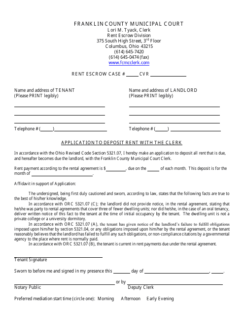 Application to Deposit Rent With the Clerk - Franklin County, Ohio Download Pdf