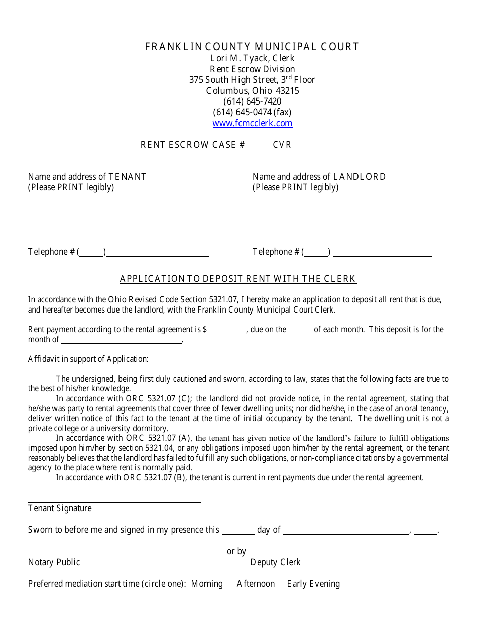 Franklin County, Ohio Application to Deposit Rent With the Clerk Fill