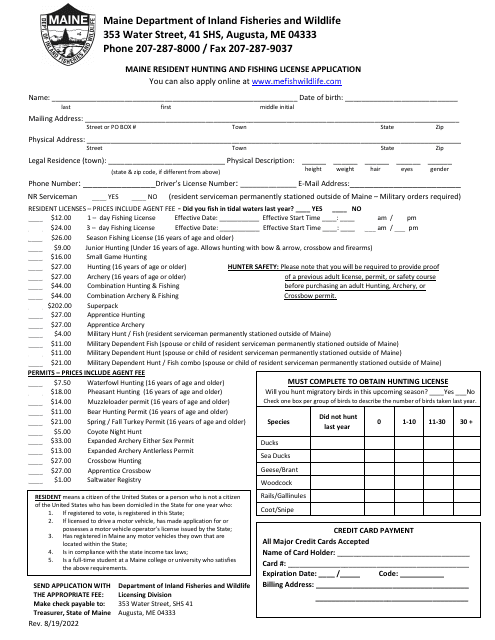 Maine Resident Hunting and Fishing License Application - Maine Download Pdf