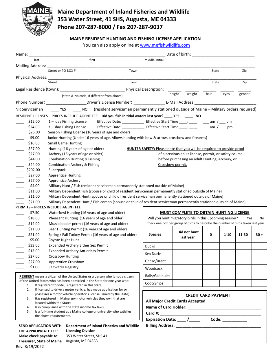 Maine Resident Hunting and Fishing License Application - Maine, Page 1