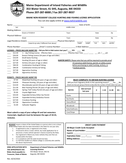 Maine Non-resident College Hunting and Fishing License Application - Maine Download Pdf