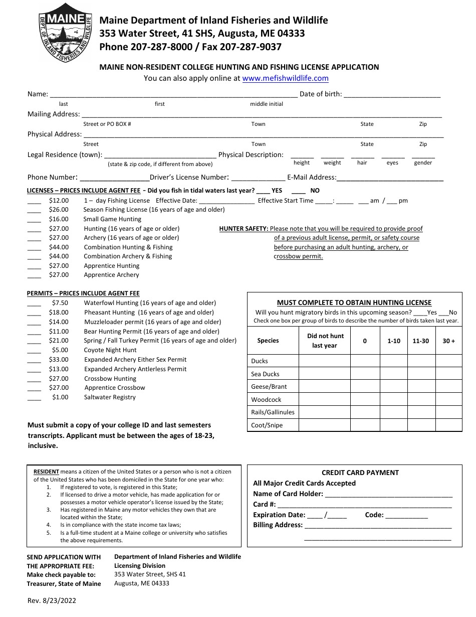 Maine Non-resident College Hunting and Fishing License Application - Maine, Page 1
