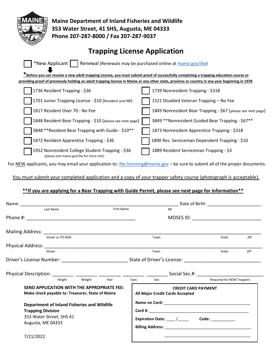 Trapping License Application - Maine, Page 1