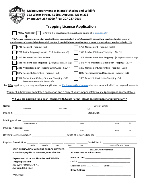 Trapping License Application - Maine Download Pdf