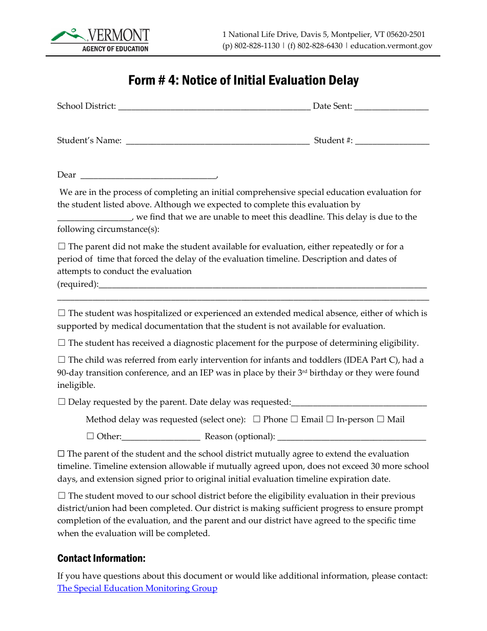 Form 4 Notice of Initial Evaluation Delay - Vermont, Page 1