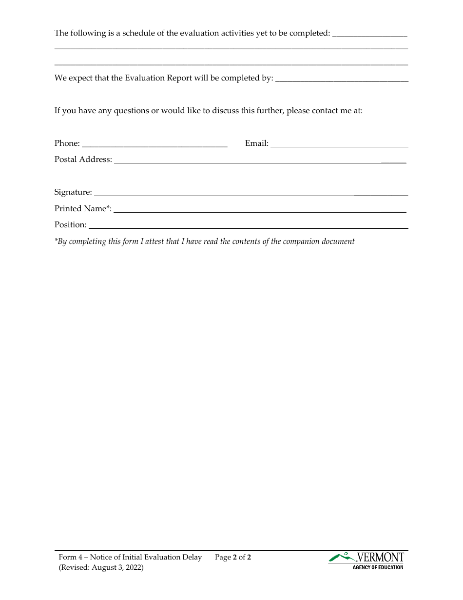 Form 4 Notice of Initial Evaluation Delay - Vermont, Page 2