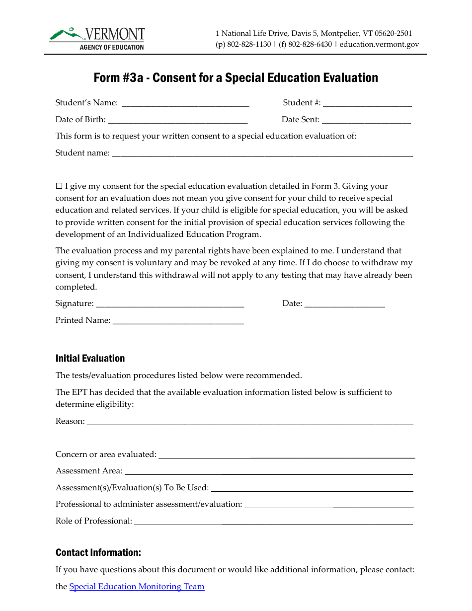 Form 3A Consent for a Special Education Evaluation - Vermont, Page 1