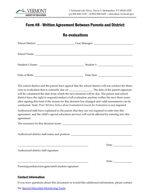 Form 8 Written Agreement Between Parents and District: Re-evaluations - Vermont