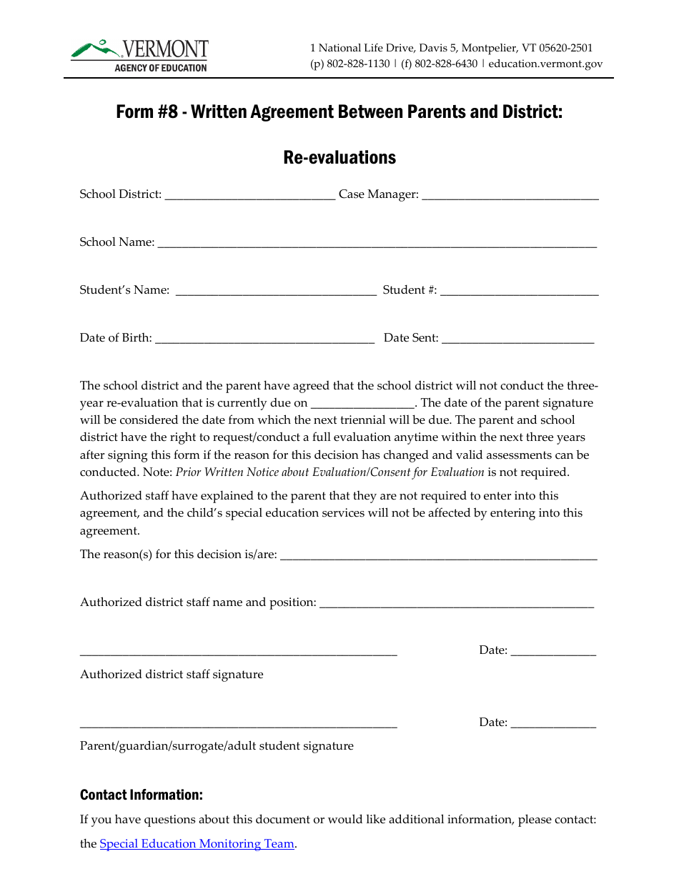 Form 8 Written Agreement Between Parents and District: Re-evaluations - Vermont, Page 1