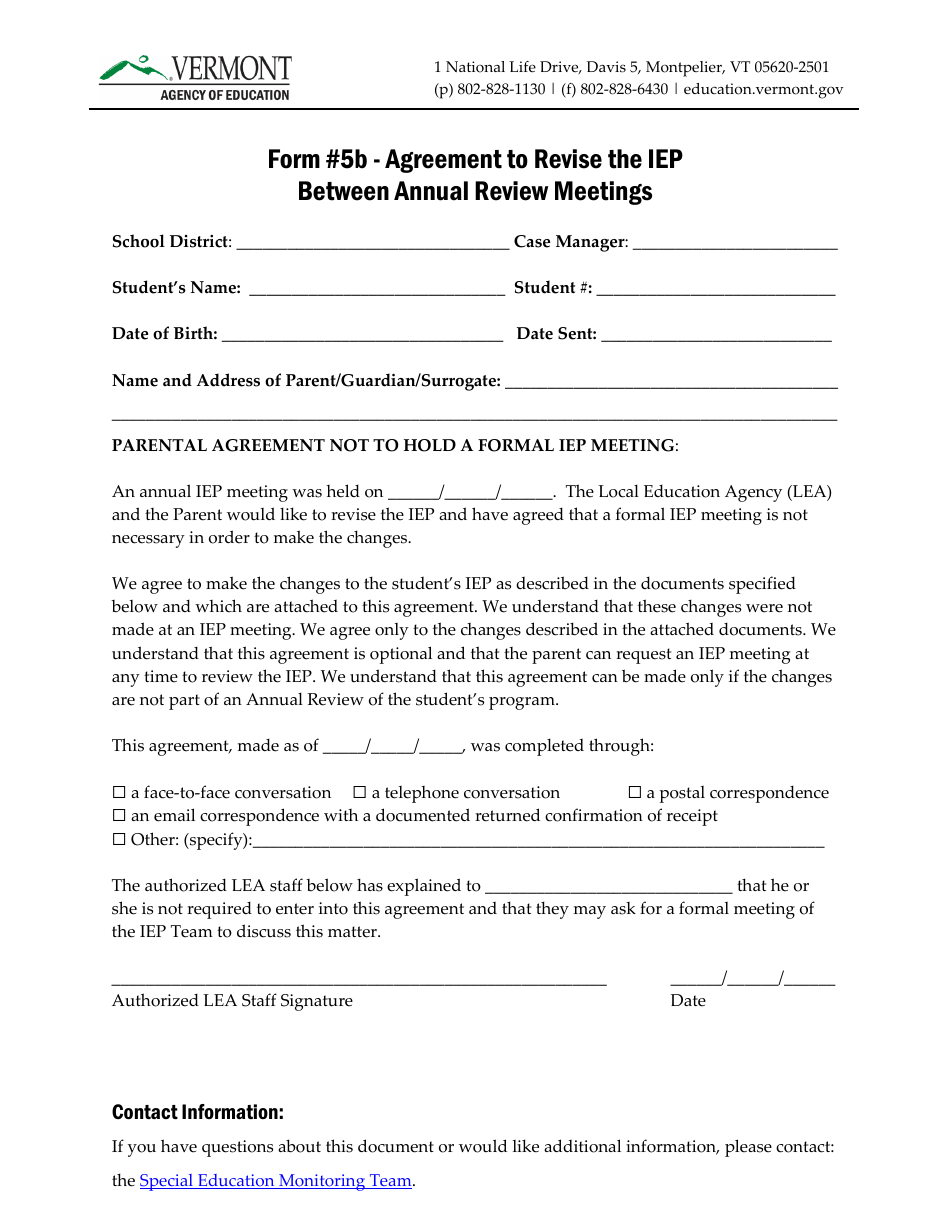 Form 5B Agreement to Revise the Iep Between Annual Review Meetings - Vermont, Page 1