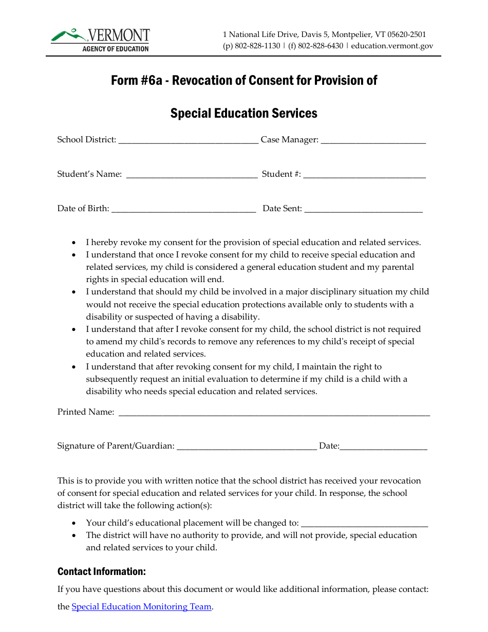 Form 6A Revocation of Consent for Provision of Special Education Services - Vermont, Page 1