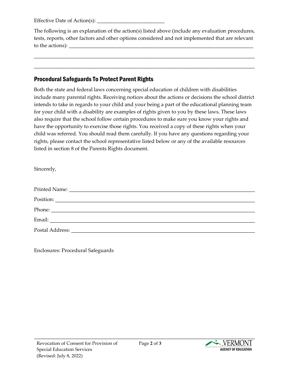 Form 6A Revocation of Consent for Provision of Special Education Services - Vermont, Page 2