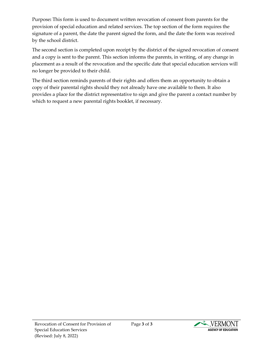 Form 6A Revocation of Consent for Provision of Special Education Services - Vermont, Page 3