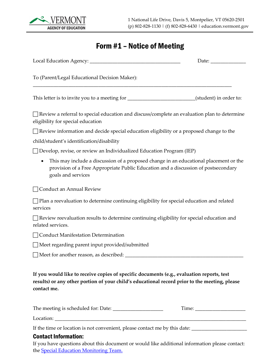 Form 1 Notice of Meeting - Vermont, Page 1