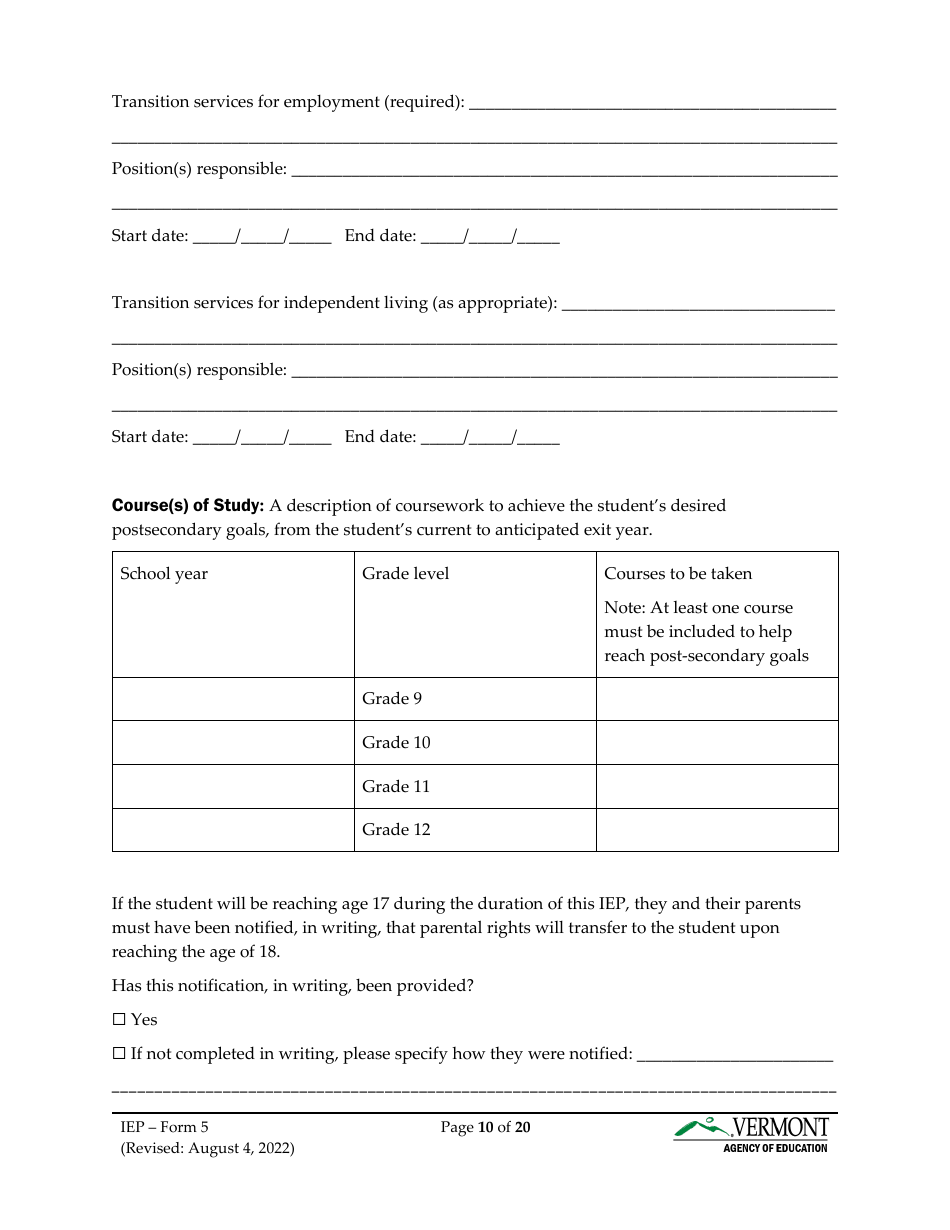 Form 5 Individualized Education Program (Iep) - Vermont, Page 10