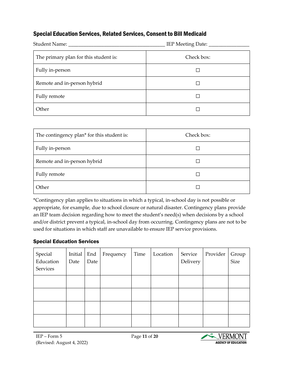 Form 5 Individualized Education Program (Iep) - Vermont, Page 11