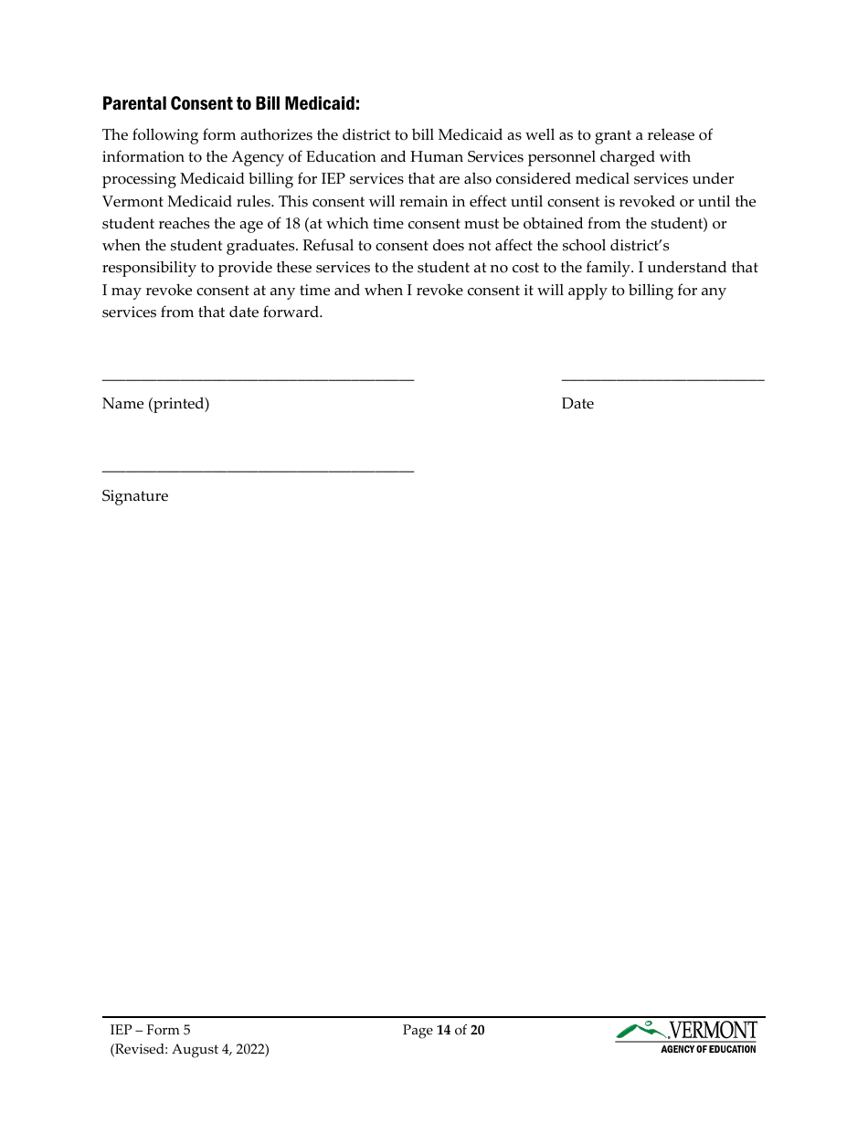 Form 5 Individualized Education Program (Iep) - Vermont, Page 14