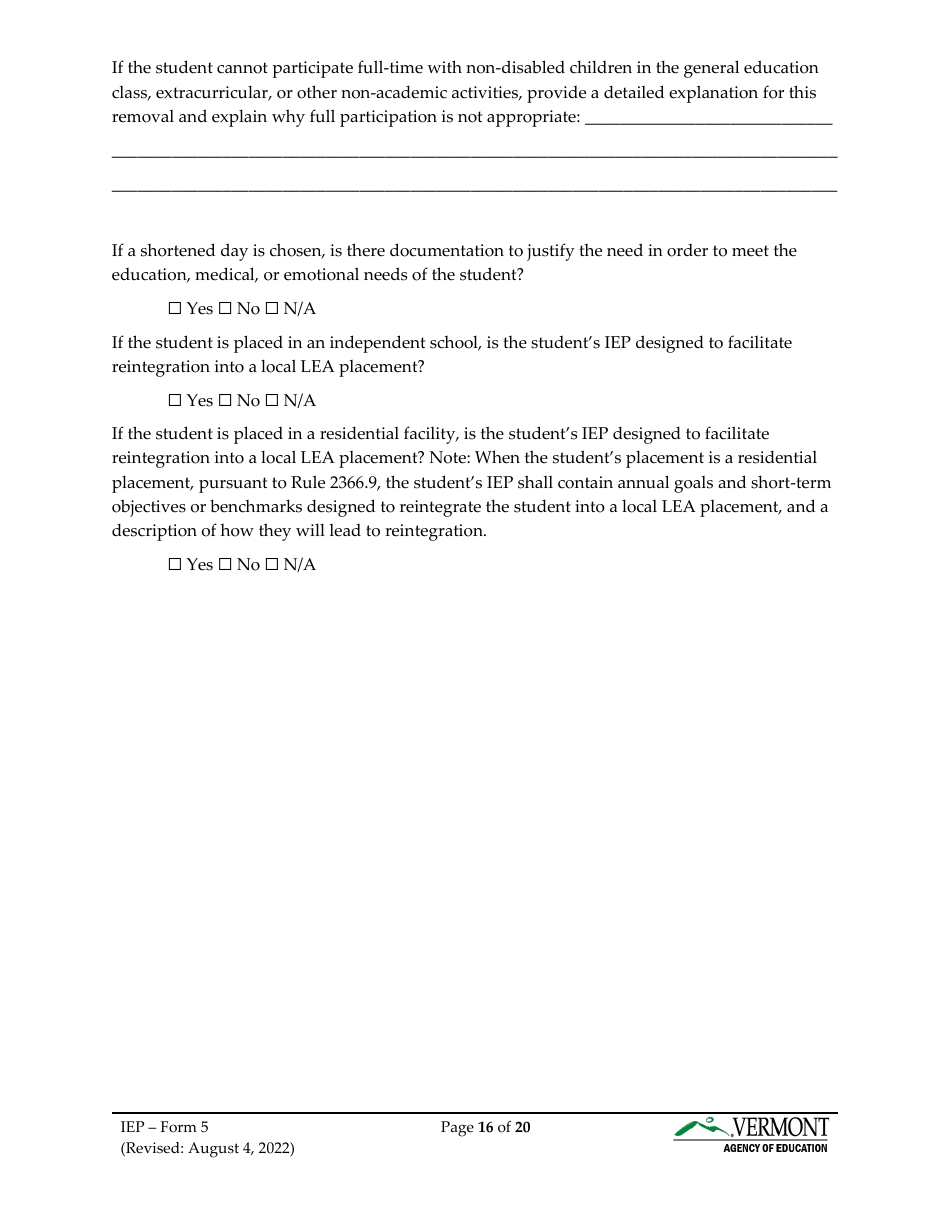 Form 5 Individualized Education Program (Iep) - Vermont, Page 16