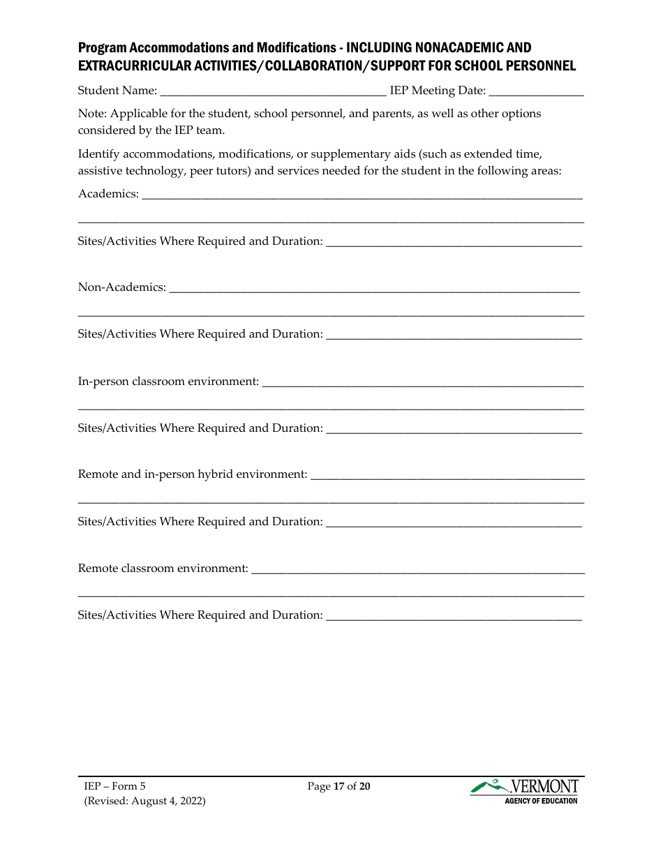Form 5 Individualized Education Program (Iep) - Vermont, Page 17