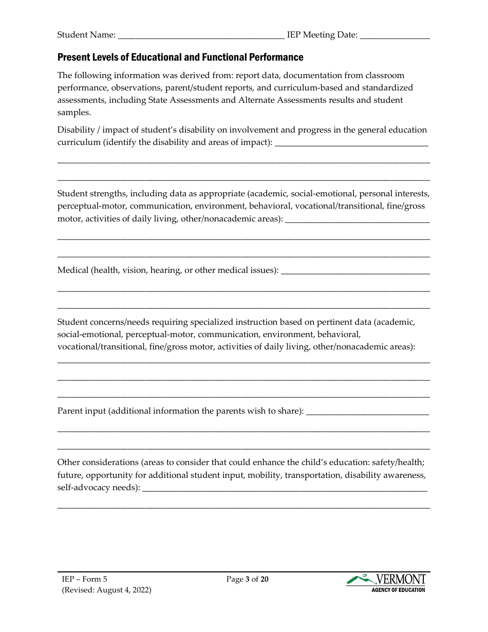 Form 5 Individualized Education Program (Iep) - Vermont, Page 3