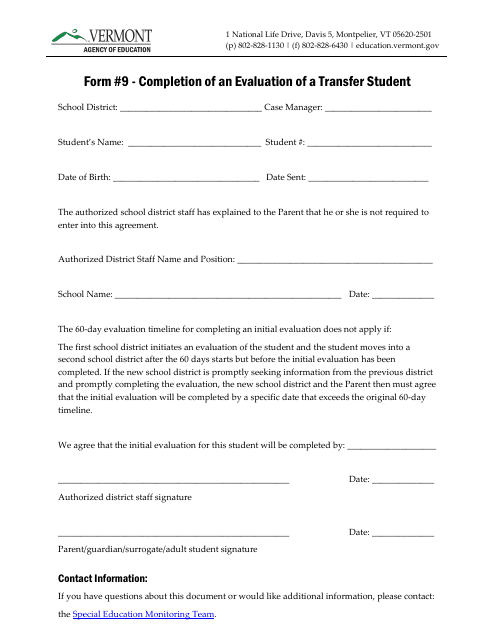 Form 9 Completion of an Evaluation of a Transfer Student - Vermont