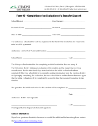 Form 9 Completion of an Evaluation of a Transfer Student - Vermont