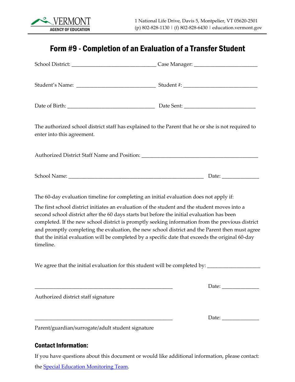 Form 9 Completion of an Evaluation of a Transfer Student - Vermont, Page 1