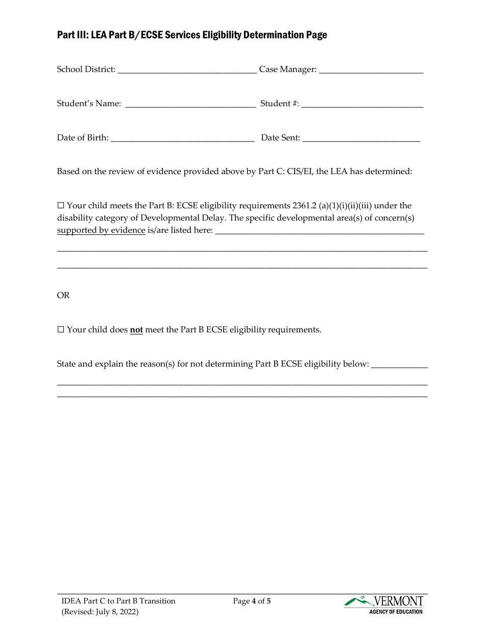 Form 6B Idea Part C to Part B Transition - Vermont, Page 4