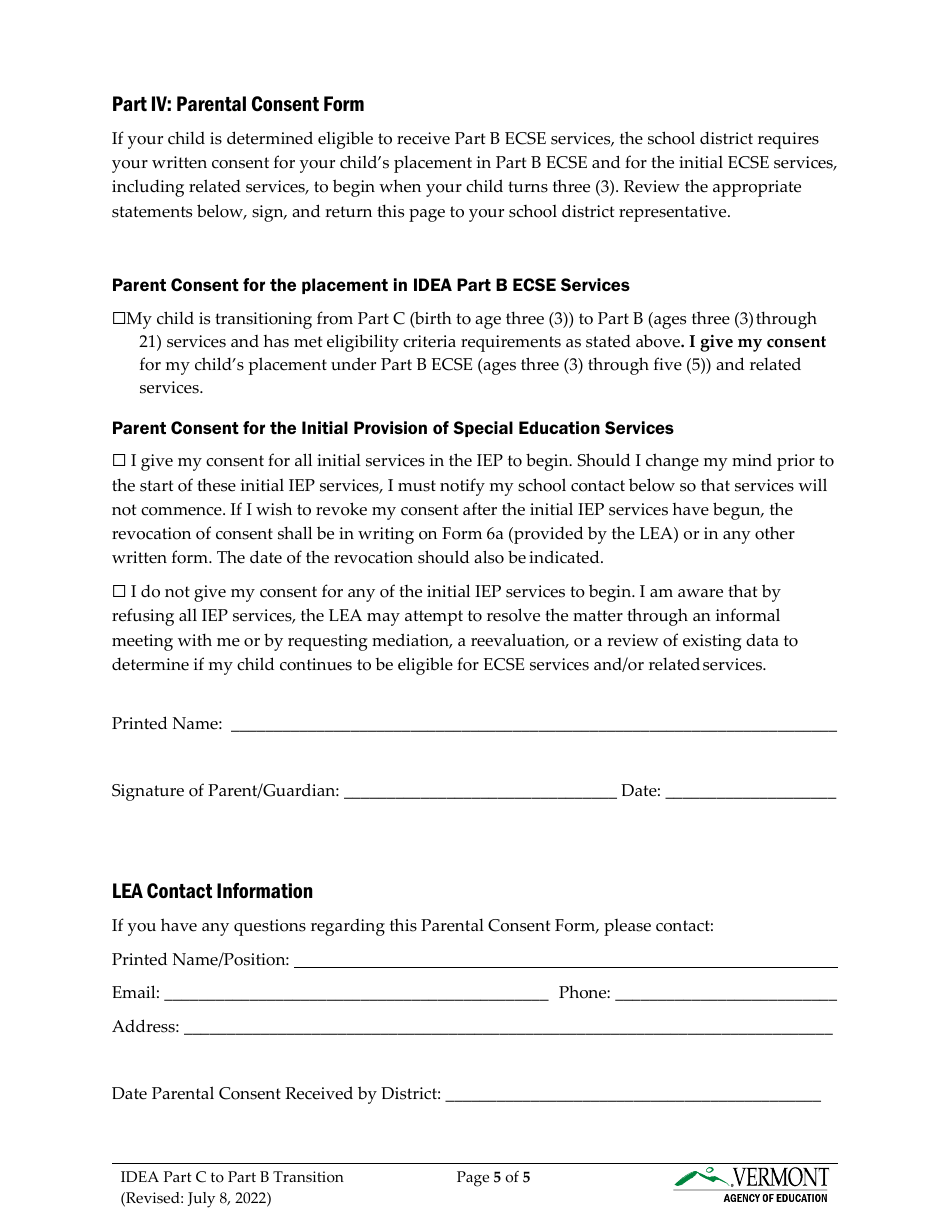 Form 6B Idea Part C to Part B Transition - Vermont, Page 5