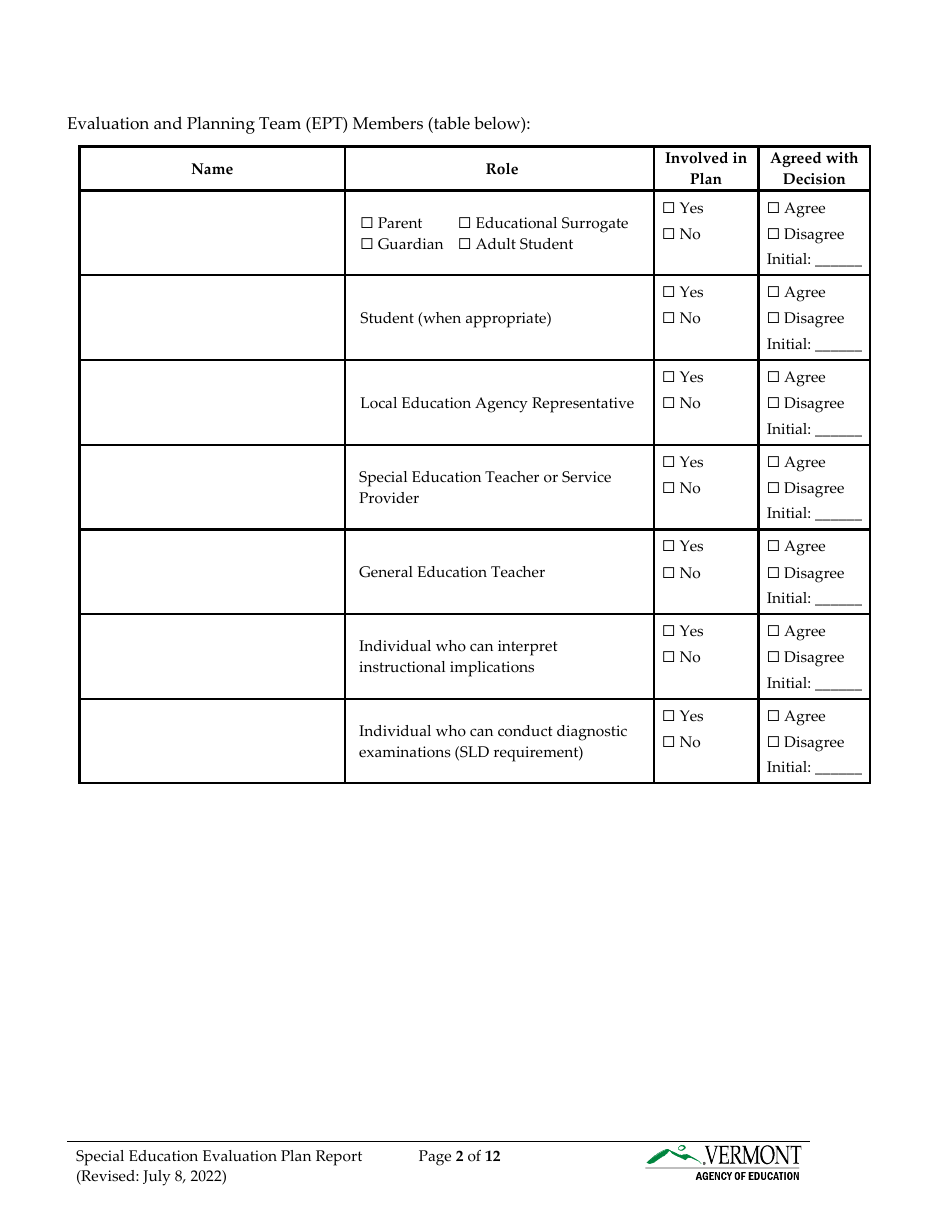 Form 2 Special Education Evaluation Plan and Report - Vermont, Page 2