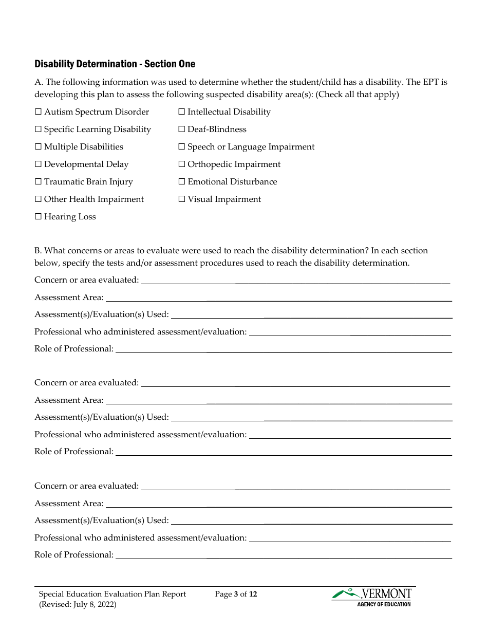 Form 2 Special Education Evaluation Plan and Report - Vermont, Page 3