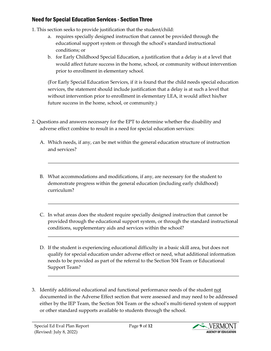 Form 2 Special Education Evaluation Plan and Report - Vermont, Page 9