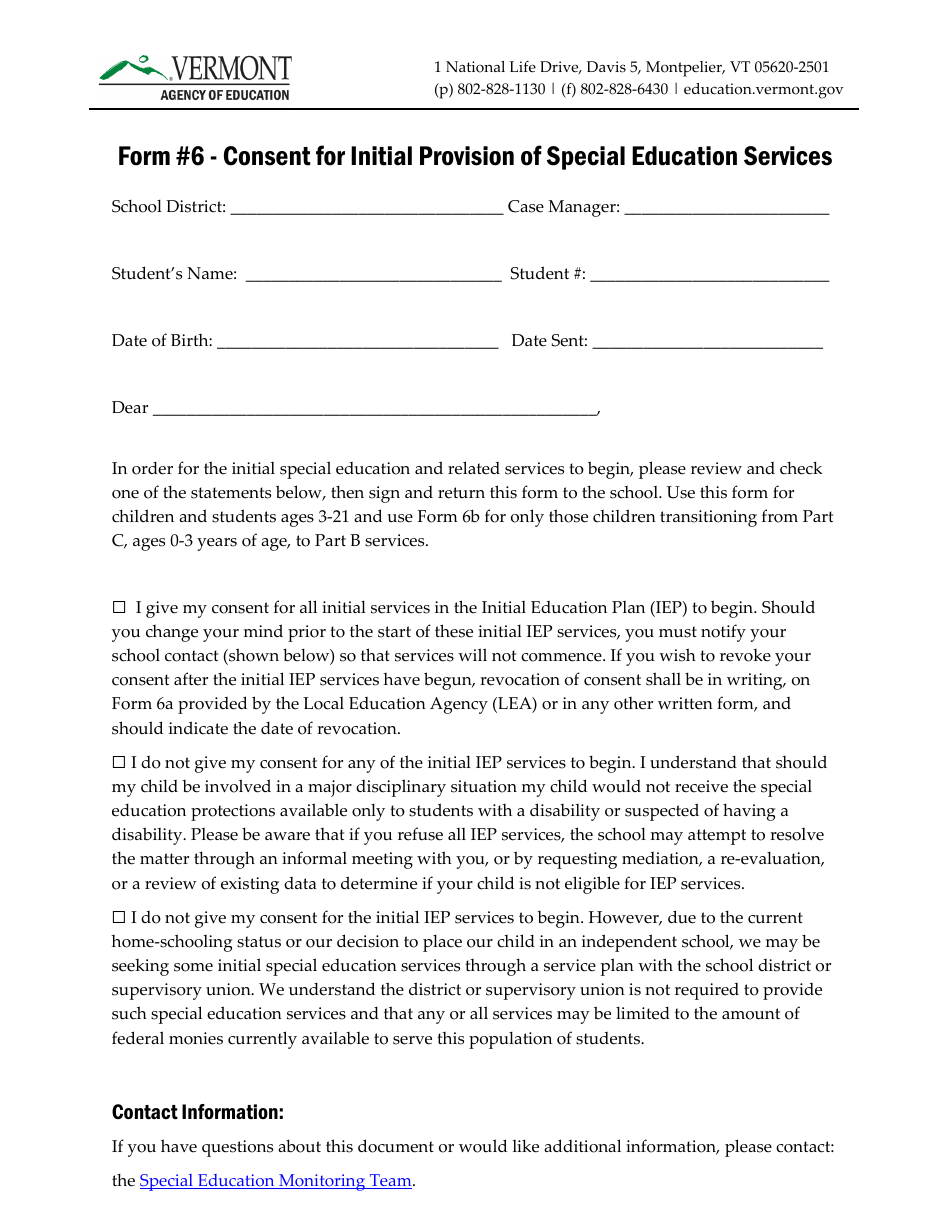 Form 6 Consent for Initial Provision of Special Education Services - Vermont, Page 1