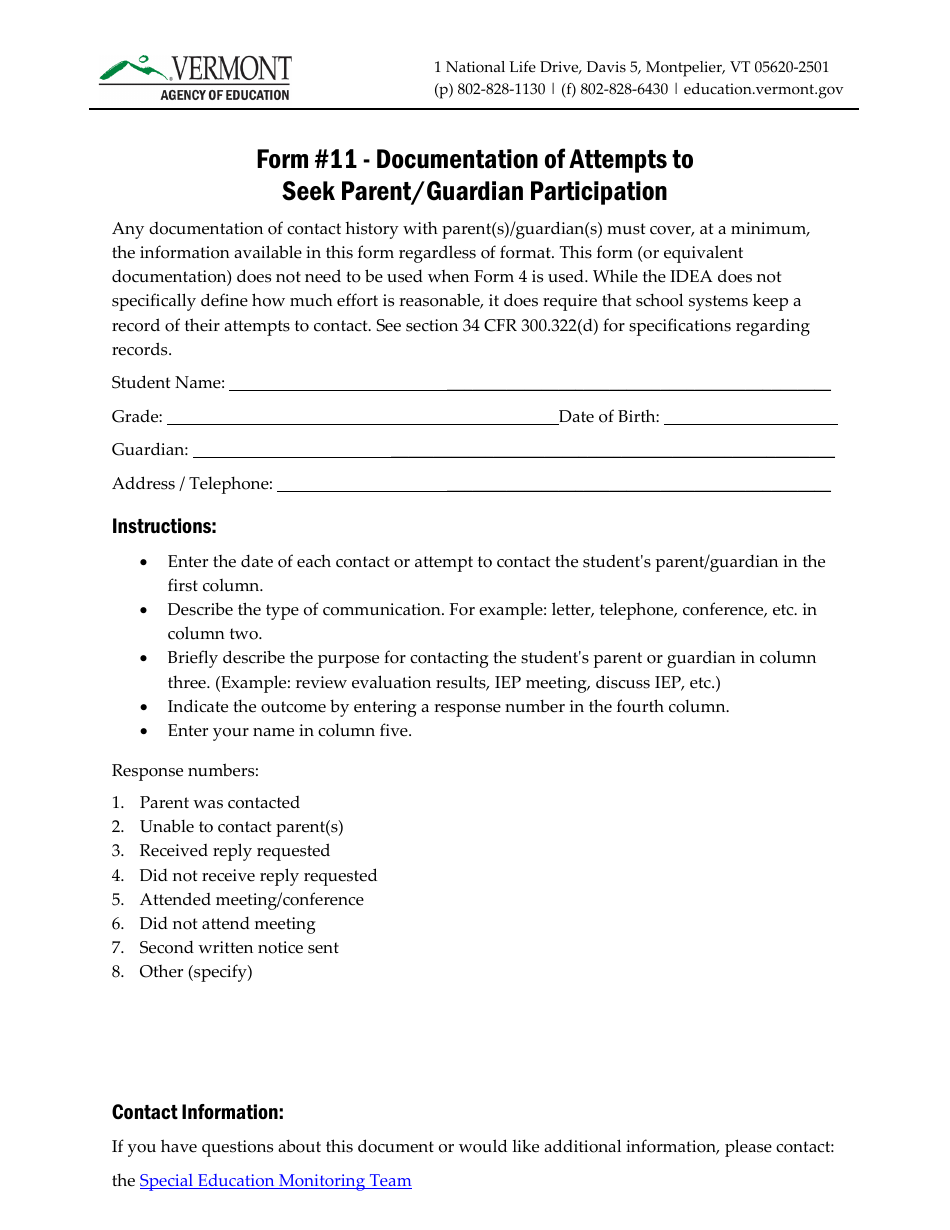 Form 11 Documentation of Attempts to Seek Parent / Guardian Participation - Vermont, Page 1