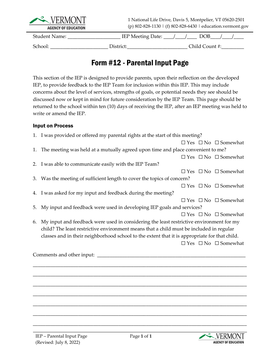 Form 12 Parental Input Page - Vermont, Page 1