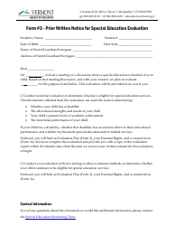 Form 3 Prior Written Notice for Special Education Evaluation - Vermont