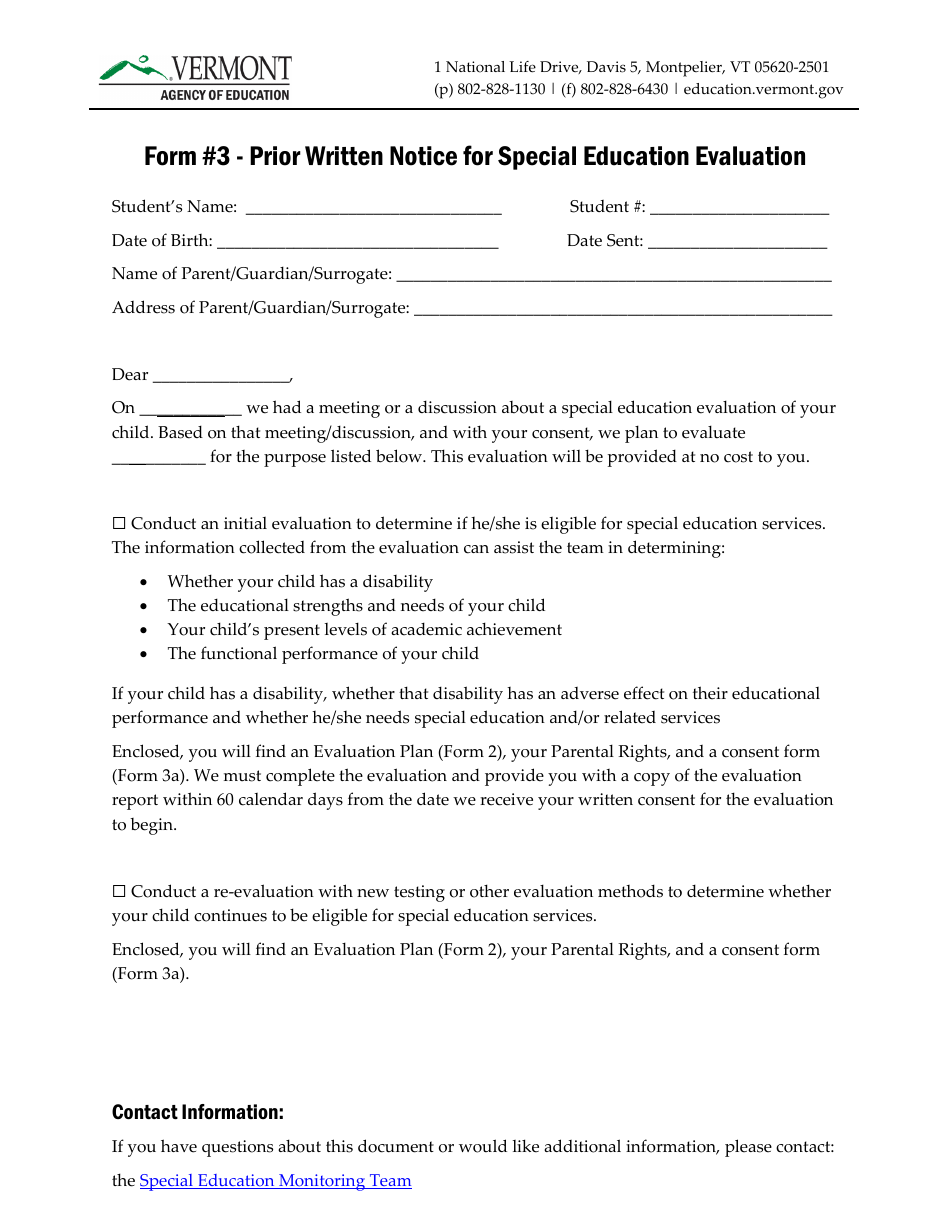 Form 3 Prior Written Notice for Special Education Evaluation - Vermont, Page 1